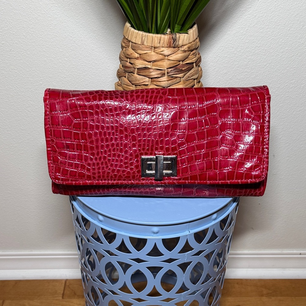 White House Black Market Red Crocodile-Embossed Clutch